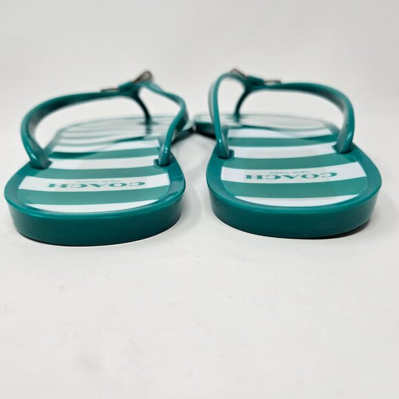 Coach Size 9B Green/White Striped Landon Jelly Flip Flops Thong Sandals Flat Bow - Picture 8 of 11